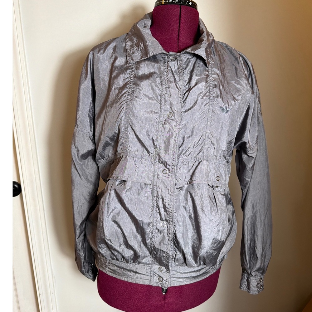 Vintage Adidas Trefoil Metallic Silver Grey Windbreaker Jacket Snap Front M